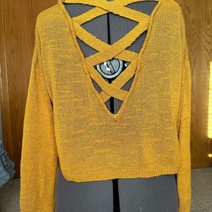 Gold Cropped loose Knit Sweater with Back V and cross design Small